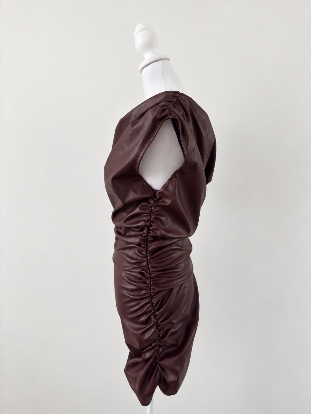 Micas Faux Leather Ruched Boat Neck Asymmetrical Sleeveless Mini Dress Maroon - Picture 6 of 9